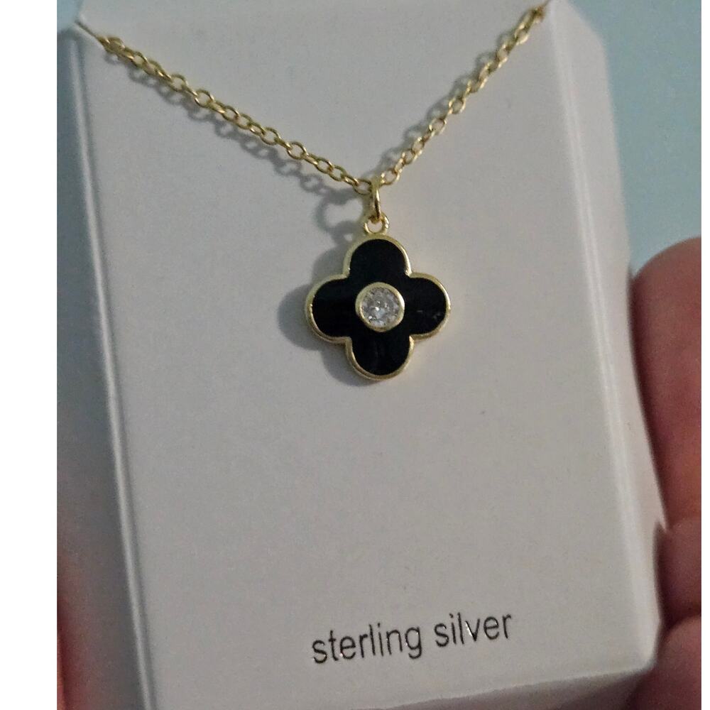 NWOT Giani Bernini Clear Cubic Zirconia and Black Enameled Clover Pendant